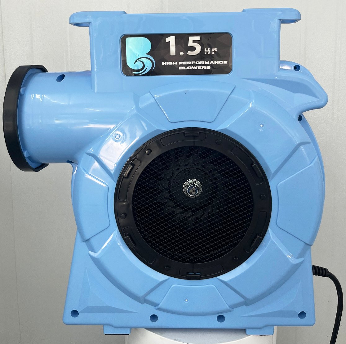 1.5hp BounceWave Air Pump for Inflatables front view highlighting light blue housing, large circular fan guard, and "1.5 HP" branding on top
