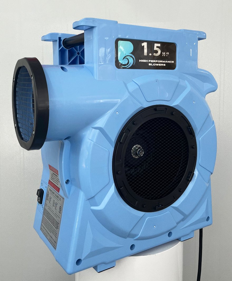 1.5hp BounceWave Air Pump for Inflatables side view showcasing light blue casing, dual air outlets, and "1.5 HP High Performance Blowers" branding
