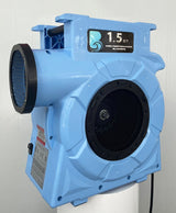 1.5hp BounceWave Air Pump for Inflatables side view showcasing light blue casing, dual air outlets, and "1.5 HP High Performance Blowers" branding

