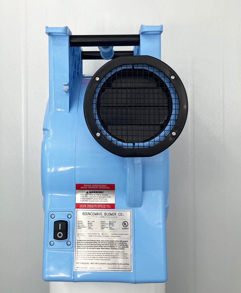 1.5hp BounceWave Air Pump for Inflatables featuring light blue housing, black circular fan guard, and product information label on white background
