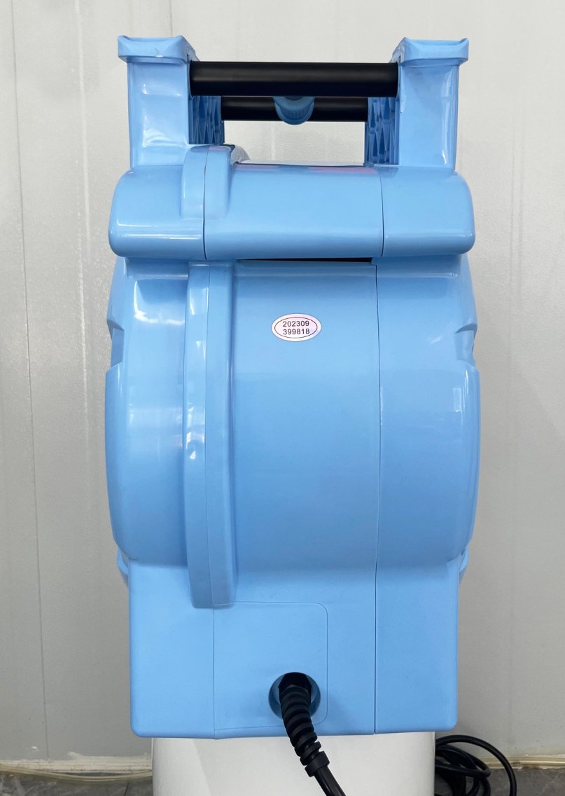 1.5hp BounceWave Air Pump for Inflatables rear view displaying light blue body, power cord, and oval-shaped product identification sticker
