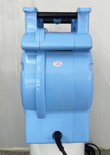 1.5hp BounceWave Air Pump for Inflatables rear view displaying light blue body, power cord, and oval-shaped product identification sticker
