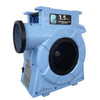1.5hp BounceWave Air Pump for Inflatables featuring light blue housing, dual air outlets, and "1.5 HP High Performance Blowers" branding on white background
