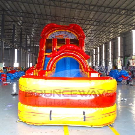 Front view of the 18-foot Crawfish Boil hybrid inflatable water slide in an indoor setting, highlighting its towering red structure, dual lanes, crawfish graphics, and large yellow and orange splash pool, perfect for all-weather use.