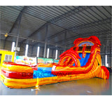 Side view of the 18-foot Crawfish Boil hybrid inflatable waterslide, showcasing its height, dual red sliding lanes, crawfish-inspired decorations, and extended splash area with yellow and orange accents.