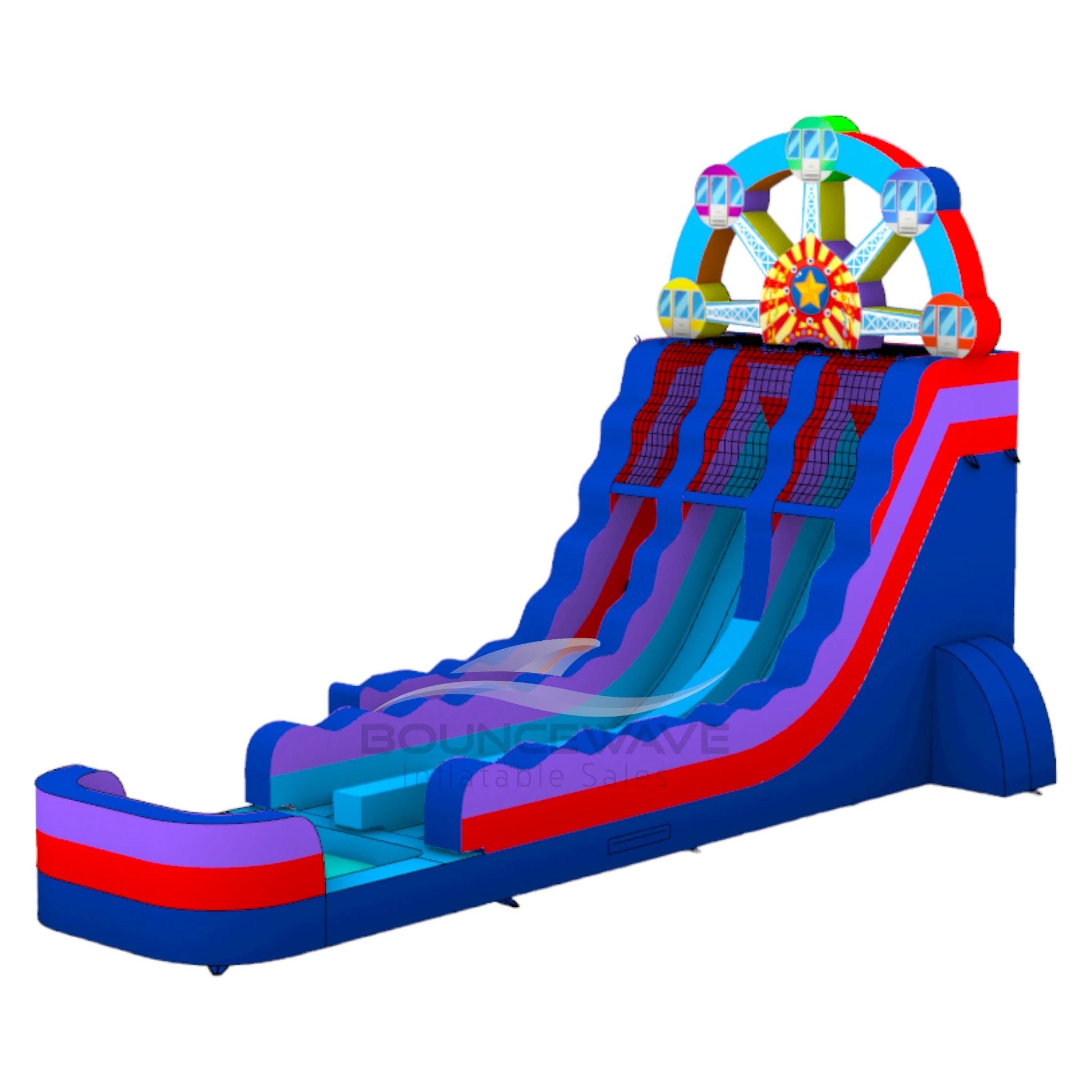 Side view of Ferris wheel hybrid water slide, displaying vibrant colors, dual lanes, and large splash area at the base.