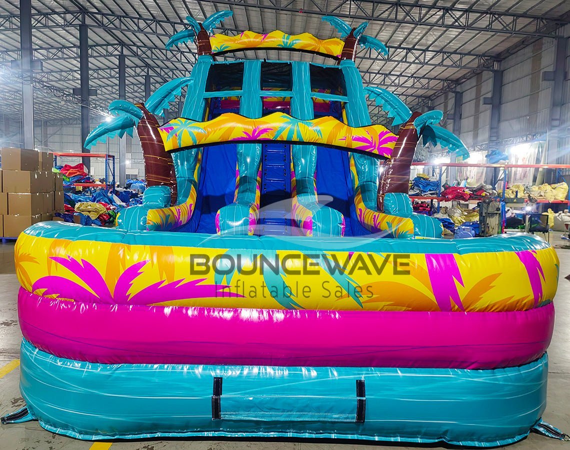 18ft Island Flow Palms Dual Lane Center Climb Inflatable Water Slide - BounceWave Inflatable Sales