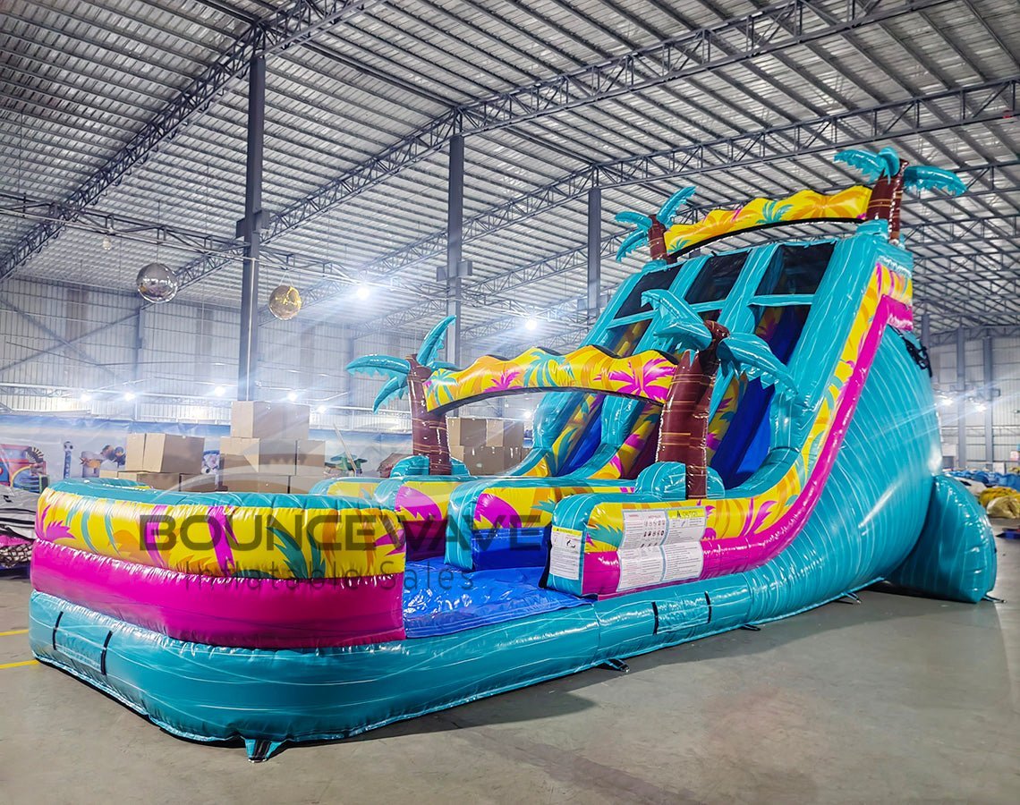 18ft Island Flow Palms Dual Lane Center Climb Inflatable Water Slide - BounceWave Inflatable Sales