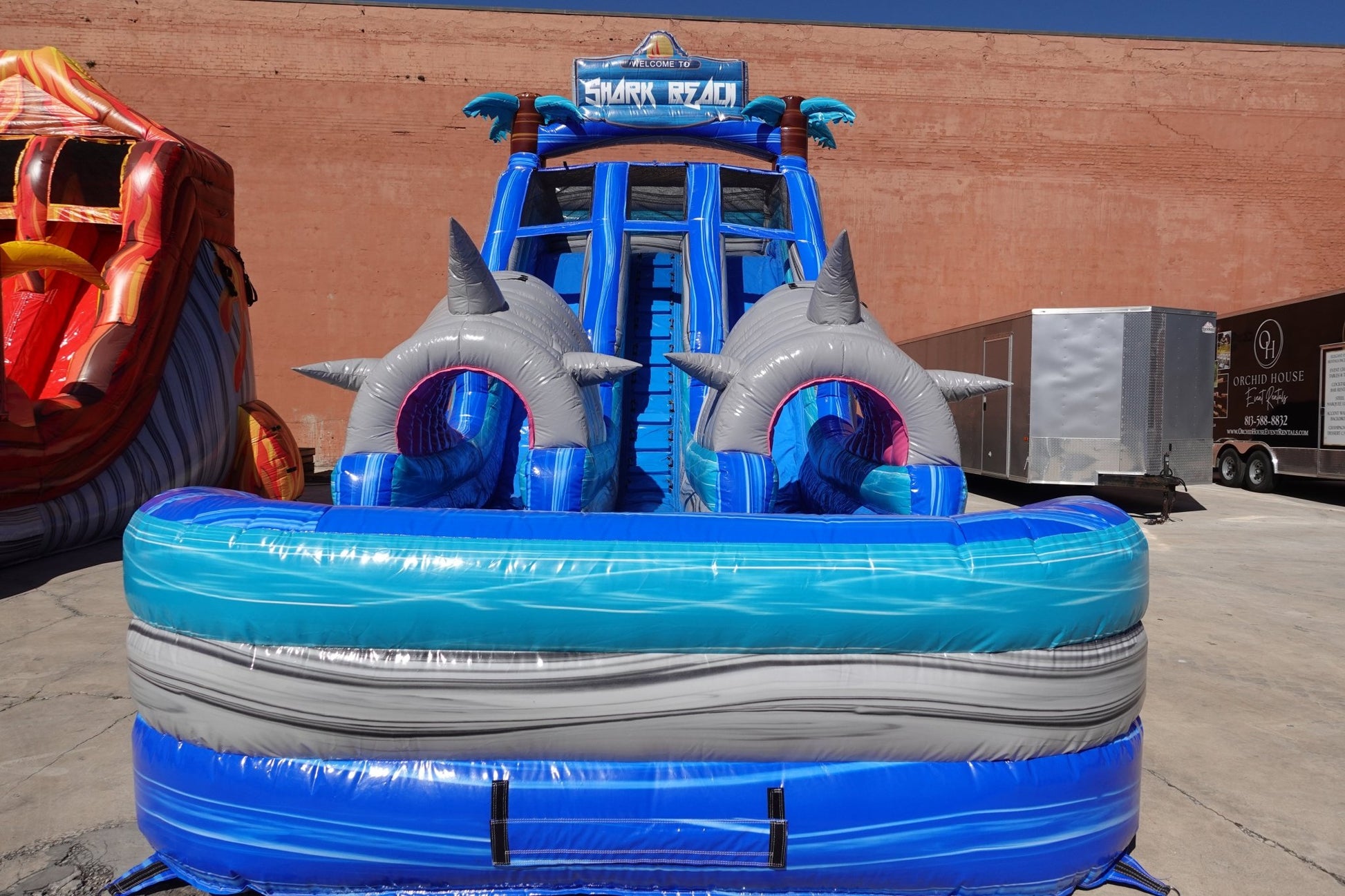 18ft Shark Beach Dual Lane Center Climb Inflatable Water Slide - BounceWave Inflatable Sales