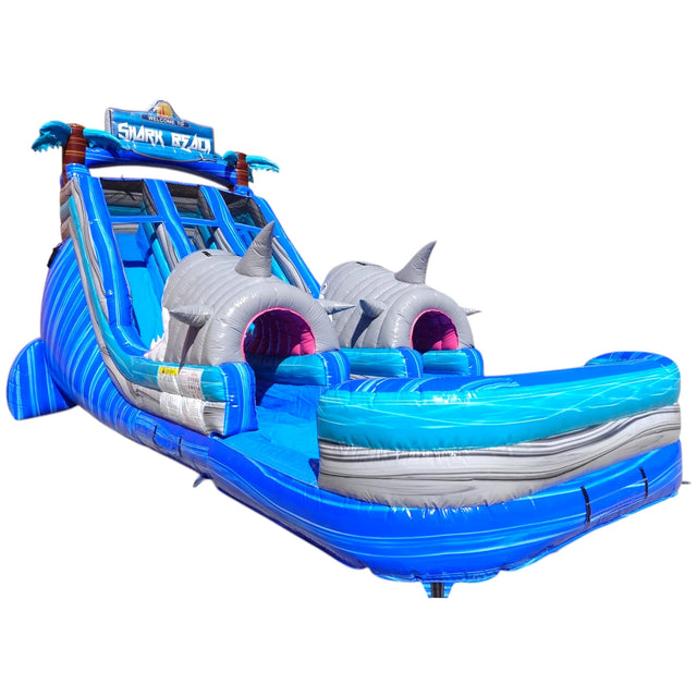 18ft Shark Beach Dual Lane Water Slide – Center Climb - BounceWave Inflatable Sales