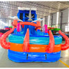 Isolated view of 20ft Hammerhead Reef Hybrid DL water slide featuring blue color scheme, shark figures, octopus tentacles, and a large splash pool area. The slide is shown against a white background, highlighting its ocean theme and design elements.