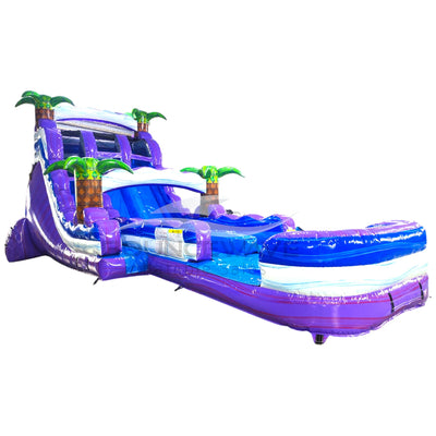 Side view of 20ft Purple Thunder Hybrid DL water slide showing bright purple and blue design, inflatable palm trees, and a large splash pool area. The slide features both open and enclosed sliding sections, displayed against a white background.