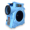 2.0hp BounceWave Air Pump for Inflatables side view showcasing light blue casing, dual circular outlets, product label, and power switch
