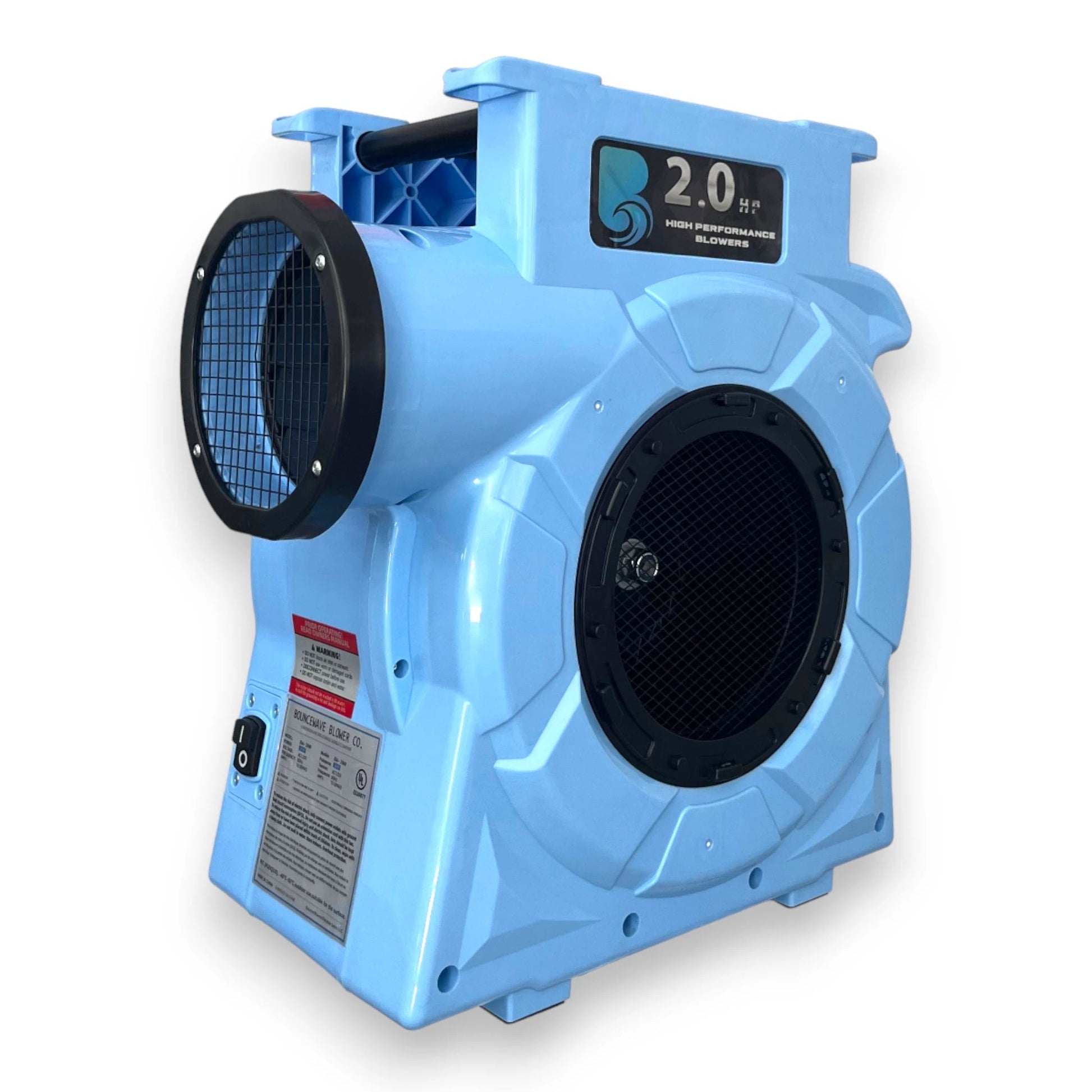2.0hp BounceWave Air Pump for Inflatables side view showcasing light blue casing, dual circular outlets, product label, and power switch
