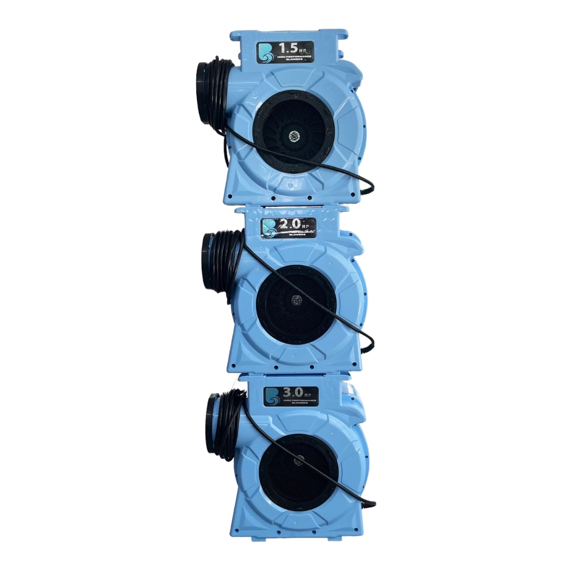2.0hp BounceWave Air Pump for Inflatables featuring light blue housing, dual air outlets, and "2.0 HP High Performance Blowers" branding stacked vertically
