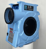 2.0hp BounceWave Air Pump for Inflatables angled view displaying light blue body, large circular fan guard, and "2.0 HP" branding on white background
