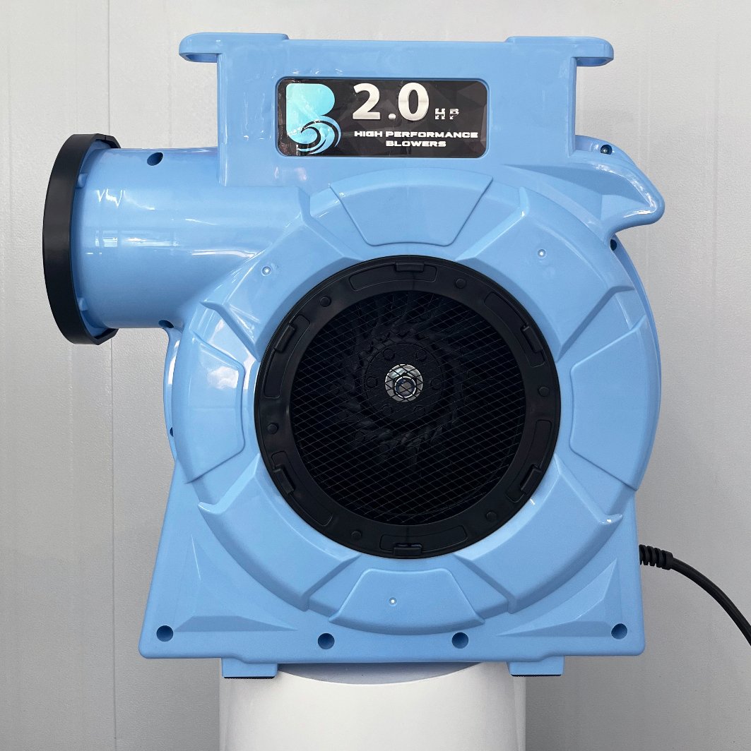 2.0hp BounceWave Air Pump for Inflatables front view highlighting light blue housing, large black circular fan guard, and BounceWave logo on top
