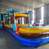 24ft Tropic Shock Dual Lane Commercial Water Slide with Inflatable Slip & Slide side view showcasing vibrant colors, inflatable palm trees, and long slip and slide attachment
