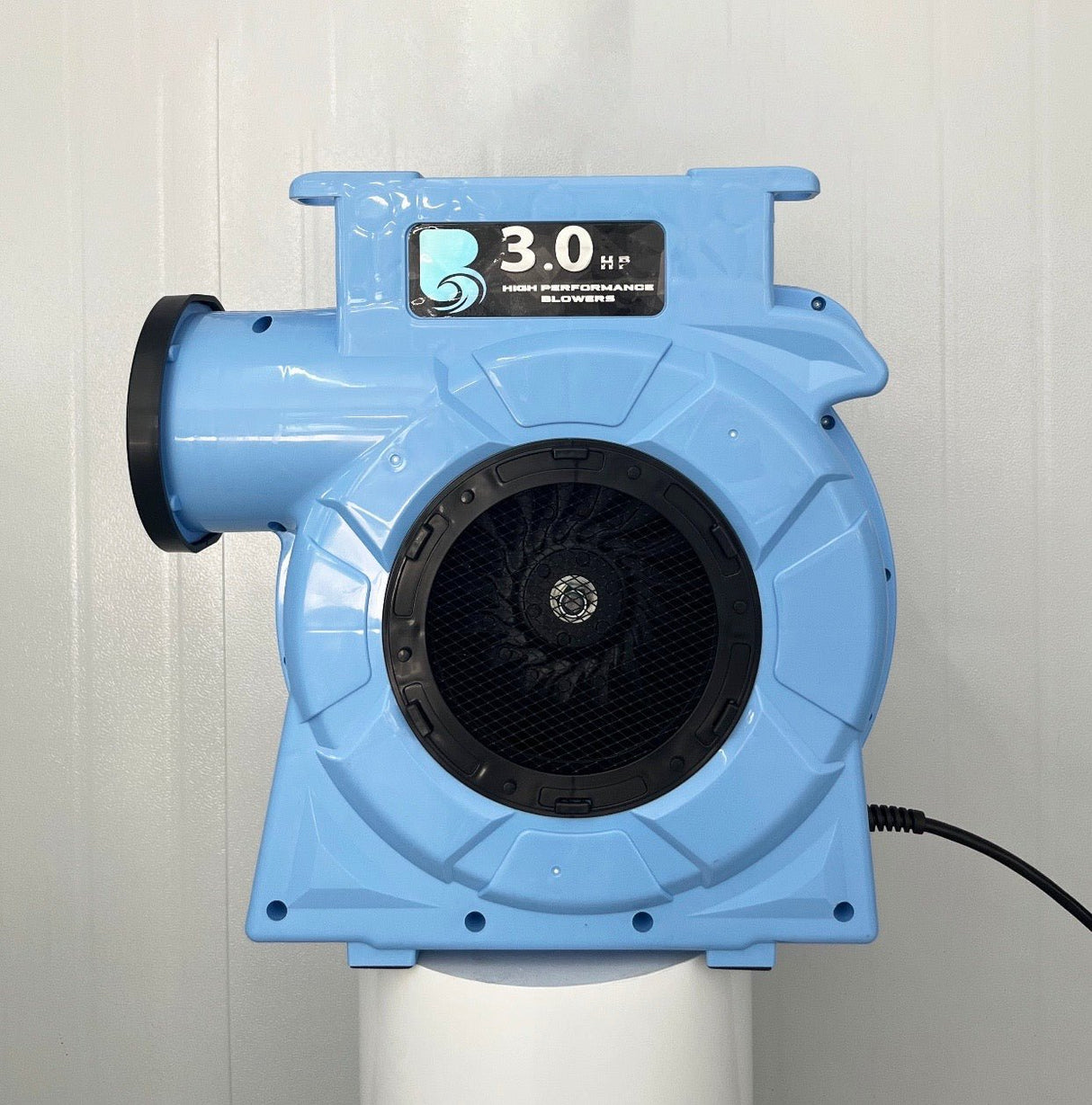3.0hp BounceWave Air Pump for Inflatables featuring light blue housing, large circular fan guard, and "3.0 HP High Performance Blowers" branding on white background
