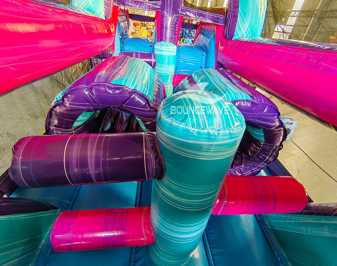 46ft Purple Palace Teal Hybrid Inflatable Obstacle Course - BounceWave Inflatable Sales