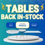 Tables back in-stock promotional banner with turquoise background, lightning bolt icons, and circular product display showcasing table prices and range