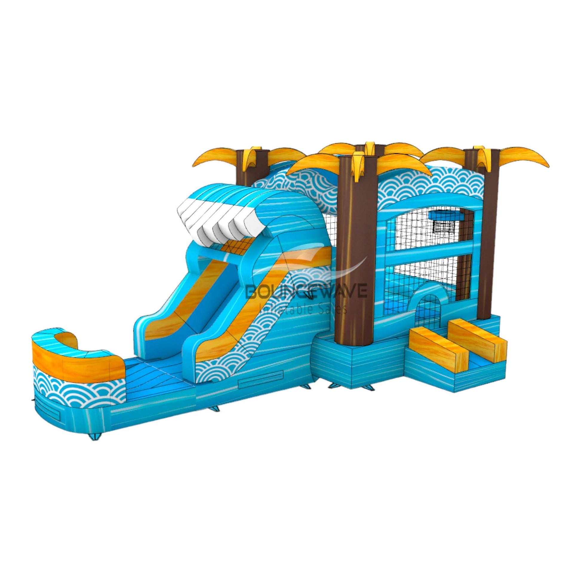 Front view of Akua Falls Commercial Econo Inflatable Combo (Wet/Dry) in a warehouse setting. Highlights the wave-shaped entrance with white foam crest, brown palm tree pillars, and yellow fronds. The blue structure includes mesh windows, a curved slide, and a splash pool area. Other inflatable products and warehouse interior visible, demonstrating its commercial use.