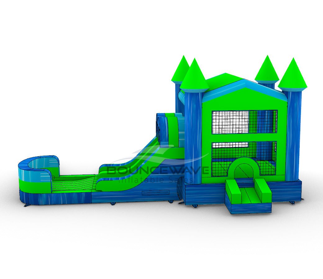 AquaBolt PowerPlay Dual Lane Bounce House with Slide Combo - BounceWave Inflatable Sales