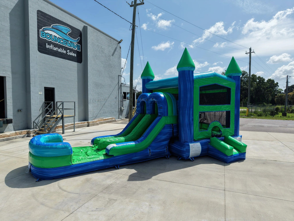 AquaBolt PowerPlay Dual Lane Bounce House with Slide Combo - BounceWave Inflatable Sales