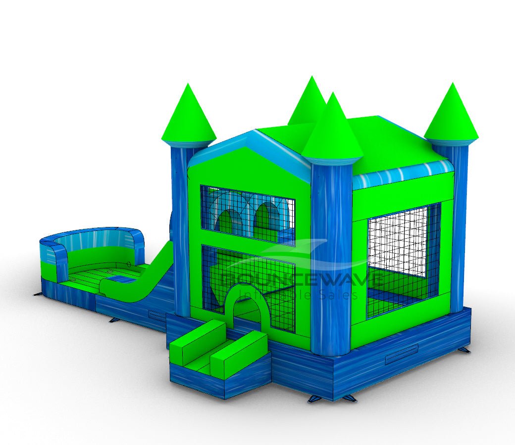 AquaBolt PowerPlay Dual Lane Bounce House with Slide Combo - BounceWave Inflatable Sales