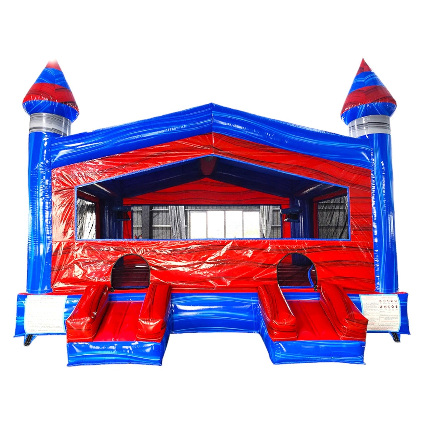 Baja XL Commercial Grade Bounce House front view showcasing vibrant red and blue color scheme with castle-inspired design and safety entrance steps
