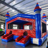Baja XL Commercial Grade Bounce House side angle view highlighting red body, blue accents, castle turrets, and dual entrance slides with safety instructions
