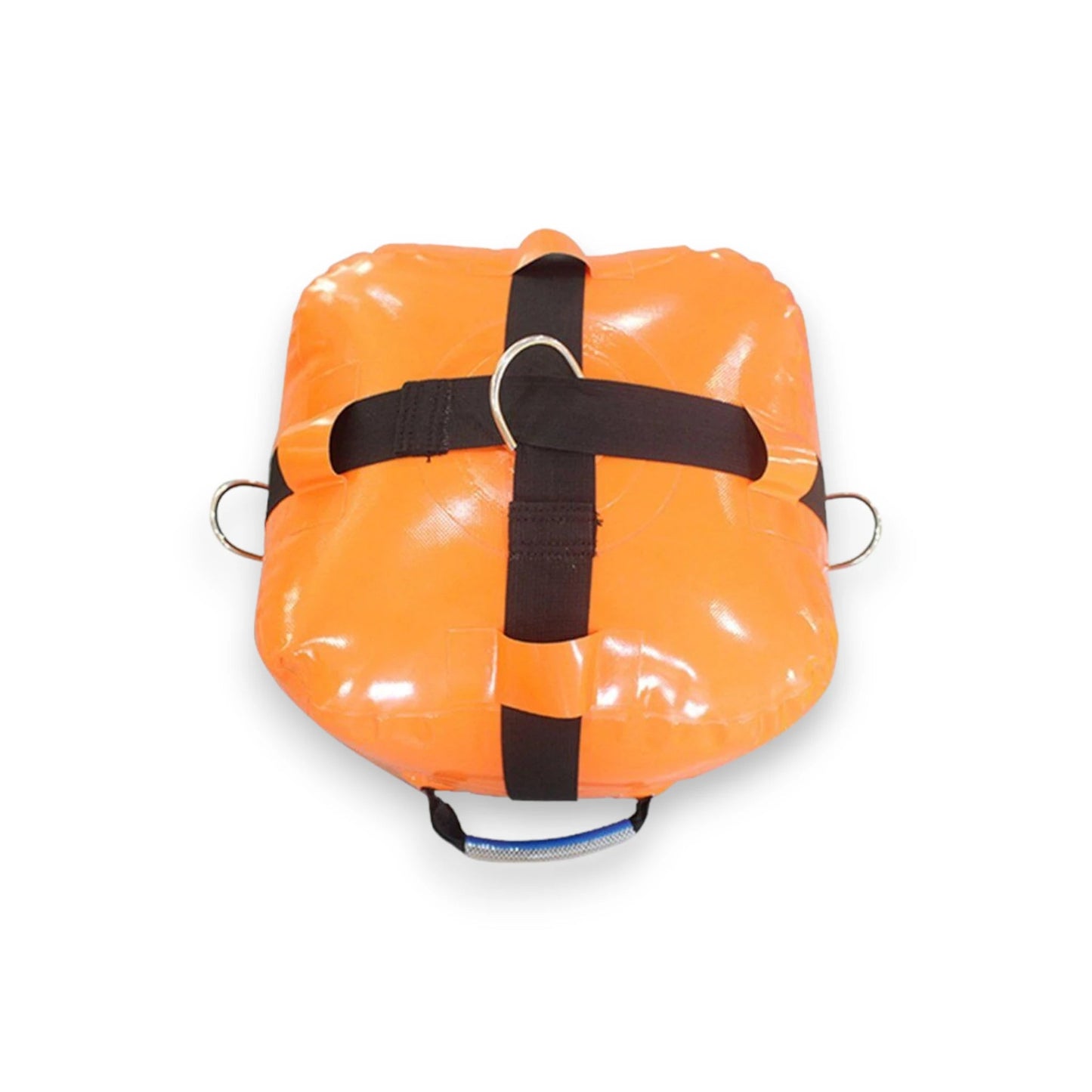 Commercial Grade Anchoring Water Bag for Inflatables featuring orange inflatable bag with black straps and metal D-rings for secure attachment