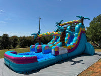 Big Time Slides testimonial: Dale R. with colorful tropical-themed inflatable water slide, showcasing vibrant blue and pink design for outdoor entertainment