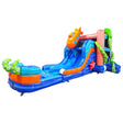 Large underwater-themed inflatable combo featuring dual blue slides, a giant orange octopus, and green tentacles. The structure includes a blue base with wave patterns, a bounce house area with mesh windows, and a splash pool. Set against a white background, showcasing its vibrant design for commercial wet/dry use.