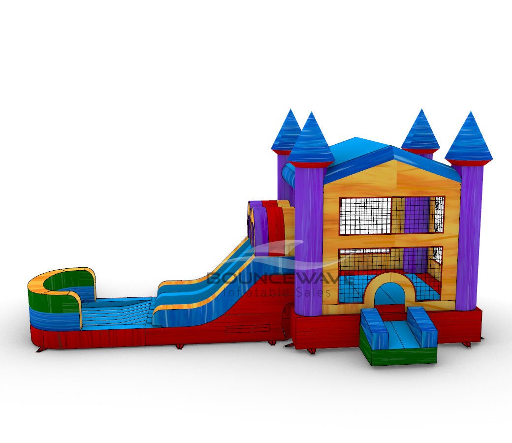 Euro Marble PowerPlay Dual Lane Bounce House with Slide Combo - BounceWave Inflatable Sales