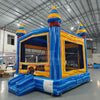 Fire and Ice Commercial Grade Bounce House side angle view displaying blue base, yellow walls, and multicolored spiral turrets
