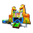 Close-up view of the Giraffe Safari Econo Combo against a white background. Showcases two tall giraffe inflatables, a bounce house decorated with jungle animals, a blue slide, and green obstacles. The combo's vibrant colors and detailed designs are highlighted.