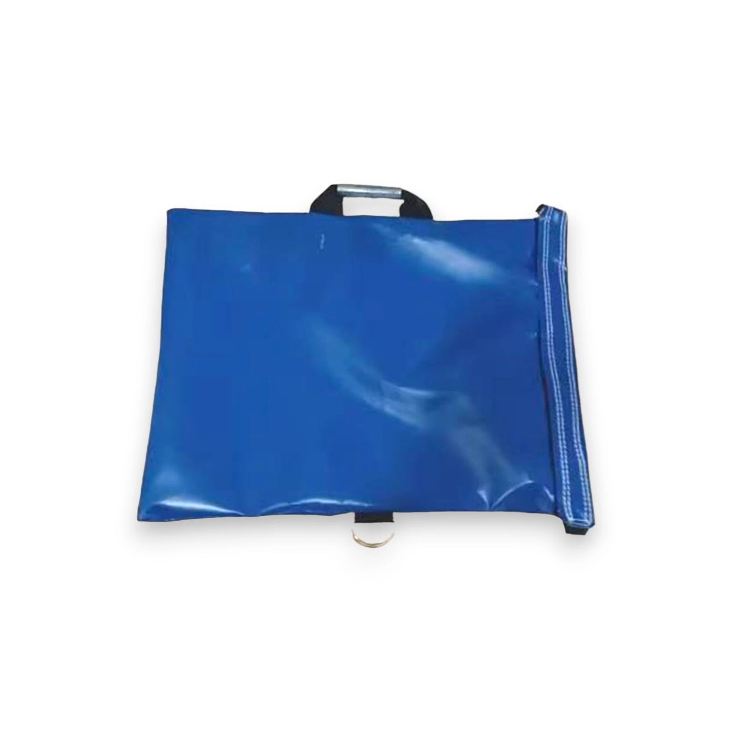 Heavy Duty Sand Bags for Inflatables featuring a blue rectangular bag with reinforced seams, carrying handle, and metal D-ring for secure anchoring