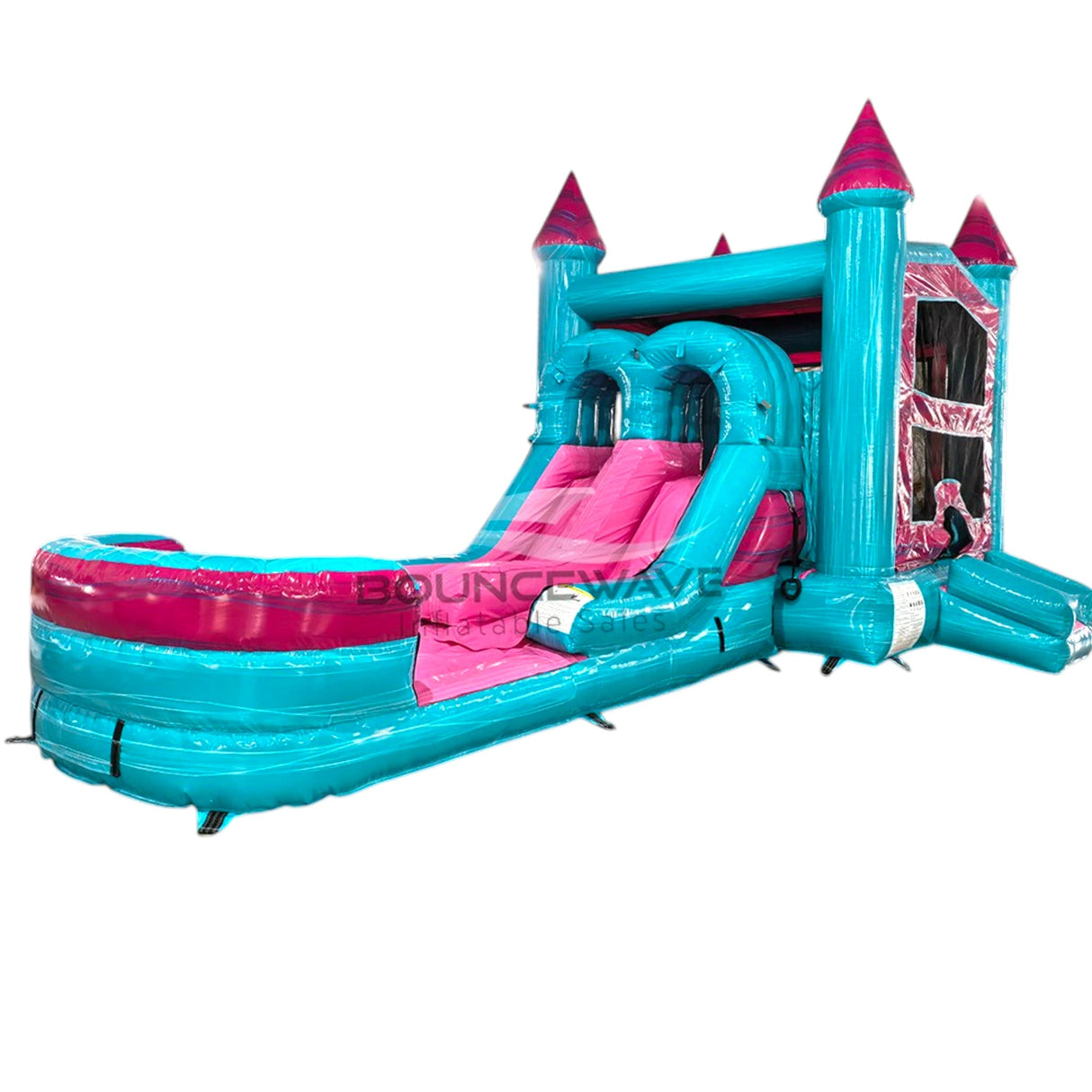 Pink & Teal PowerPlay Dual Lane Bounce House with Slide Combo - BounceWave Inflatable Sales