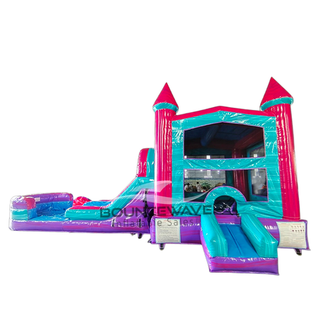 Pink & Teal PowerPlay Dual Lane Bounce House with Slide Combo - BounceWave Inflatable Sales