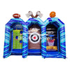 Inflatable sports game featuring three sections with different themes: football field with goal posts, axe throwing target, and basketball hoop. Each section has a blue and light blue striped design with themed decorations on top. Set up indoors with the "BOUNCEWAVE" logo visible.