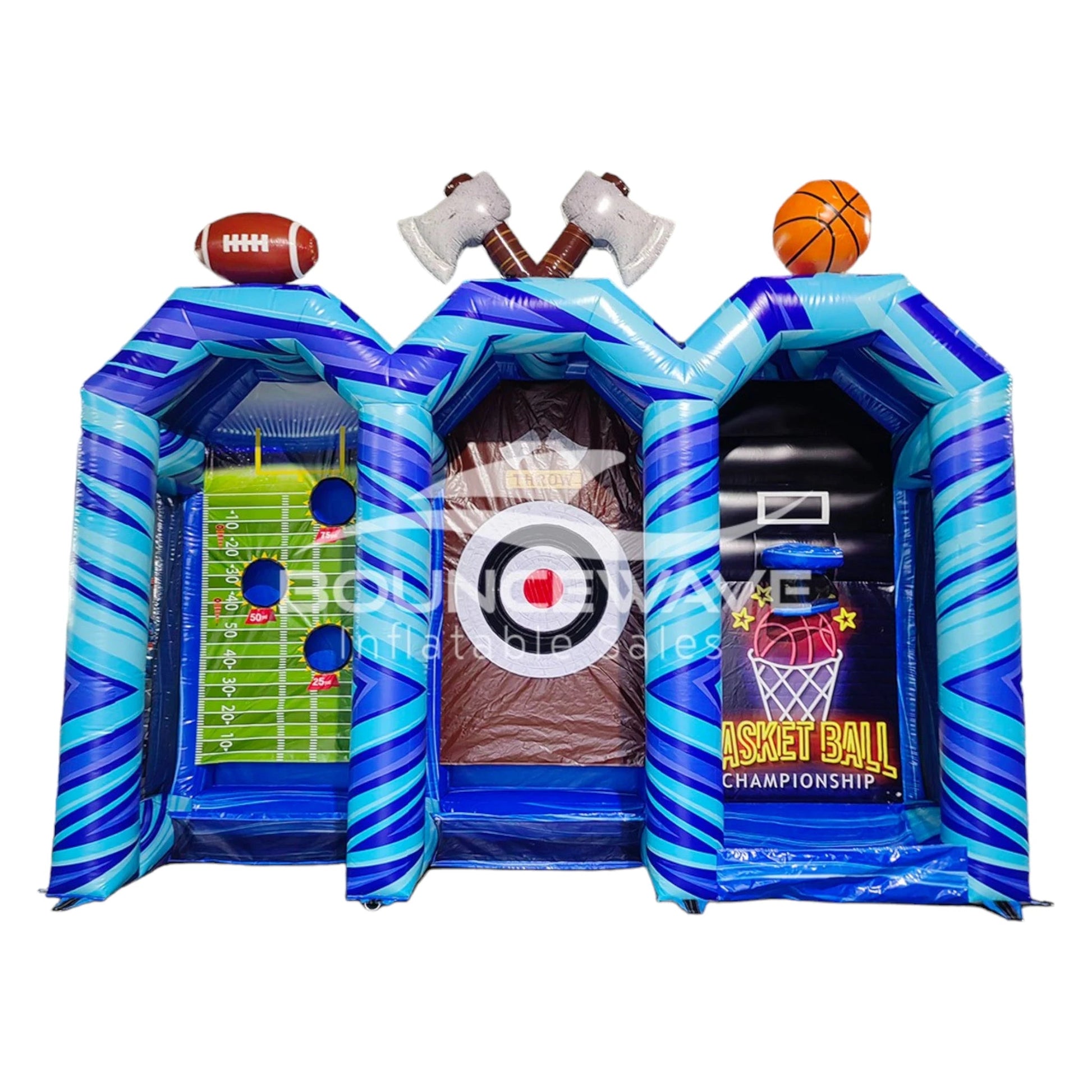 Inflatable sports game featuring three sections with different themes: football field with goal posts, axe throwing target, and basketball hoop. Each section has a blue and light blue striped design with themed decorations on top. Set up indoors with the "BOUNCEWAVE" logo visible.