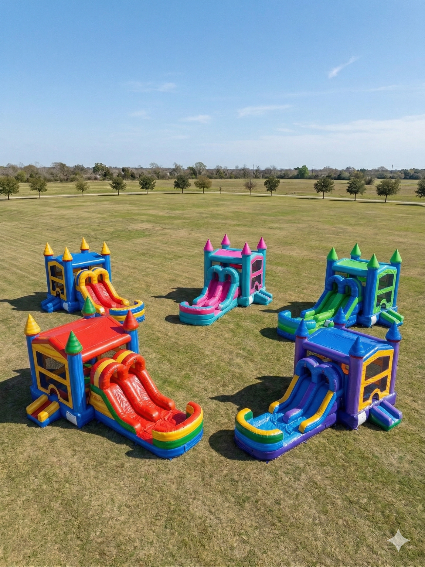 Colorful inflatable slides and castles on a grassy field with trees in the background