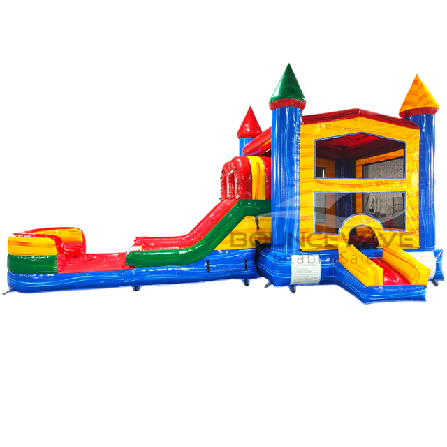 Primary Marble PowerPlay Dual Lane Bounce House with Slide Combo - BounceWave Inflatable Sales