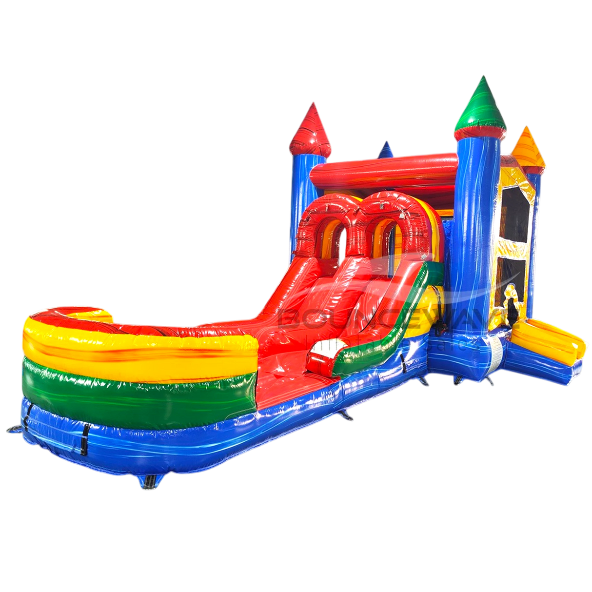 Primary Marble PowerPlay Dual Lane Bounce House with Slide Combo - BounceWave Inflatable Sales