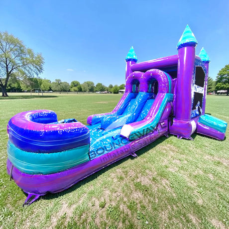 Purple Plunge PowerPlay Dual Lane Bounce House with Slide Combo - BounceWave Inflatable Sales