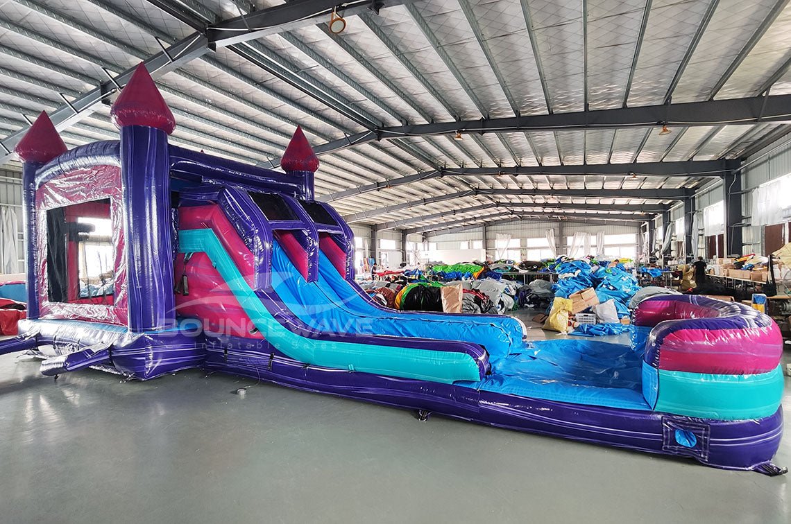 Purple Teal Palace Splash & Save Bounce House with Dual Lane Slide (We
