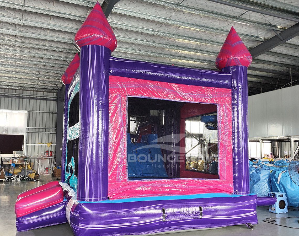 Purple Teal Palace Splash & Save Bounce House with Dual Lane Slide (We
