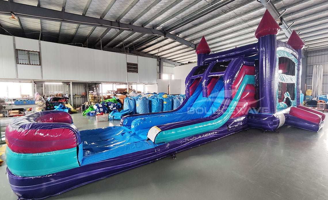 Purple Teal Palace Splash & Save Bounce House with Dual Lane Slide (We