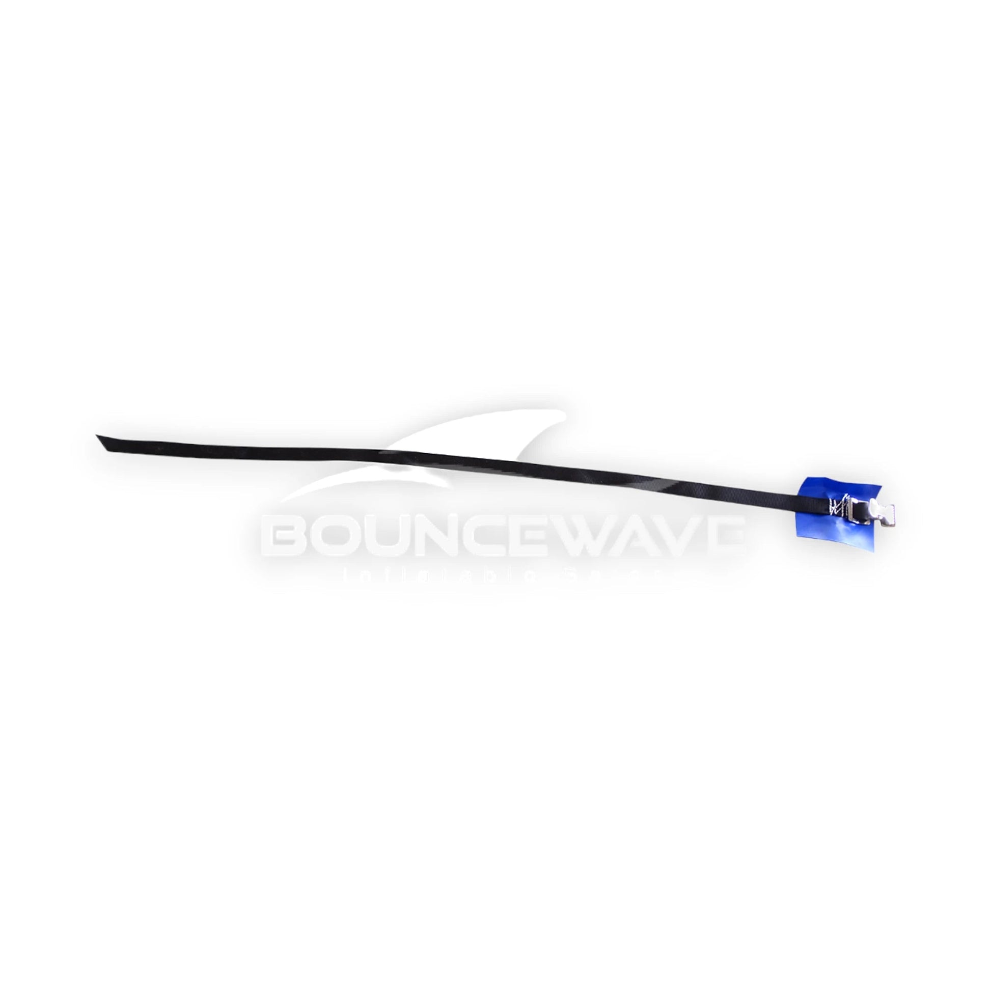 Heavy-Duty Replacement Blower Tube Strap for Inflatables featuring black nylon webbing with metal buckle and blue plastic attachment piece